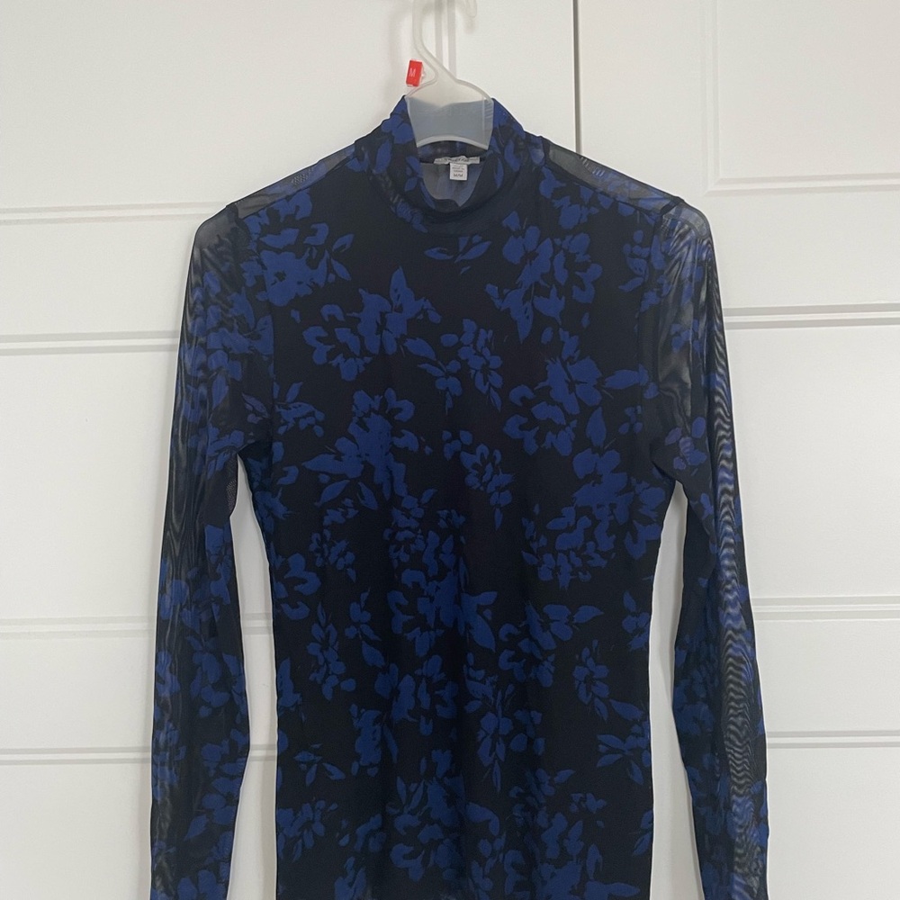 Tristan Black and Blue Floral Mesh Long-Sleeve Top